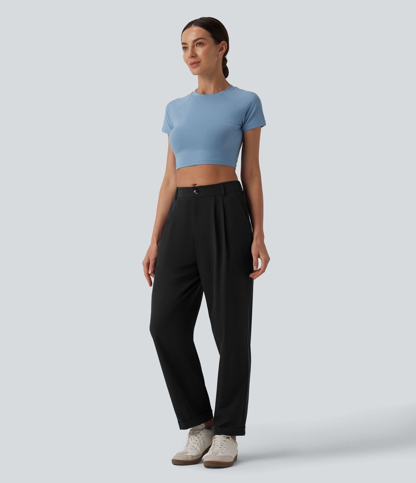 Pantalon casual fuselé 7/8 taille mi-haute plissé en popeline extensible à ourlet retroussé avec poches