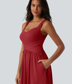 Robe midi fluide sans manches dos croisé, avec brassière intégrée (Bonnets E-G) et poches
