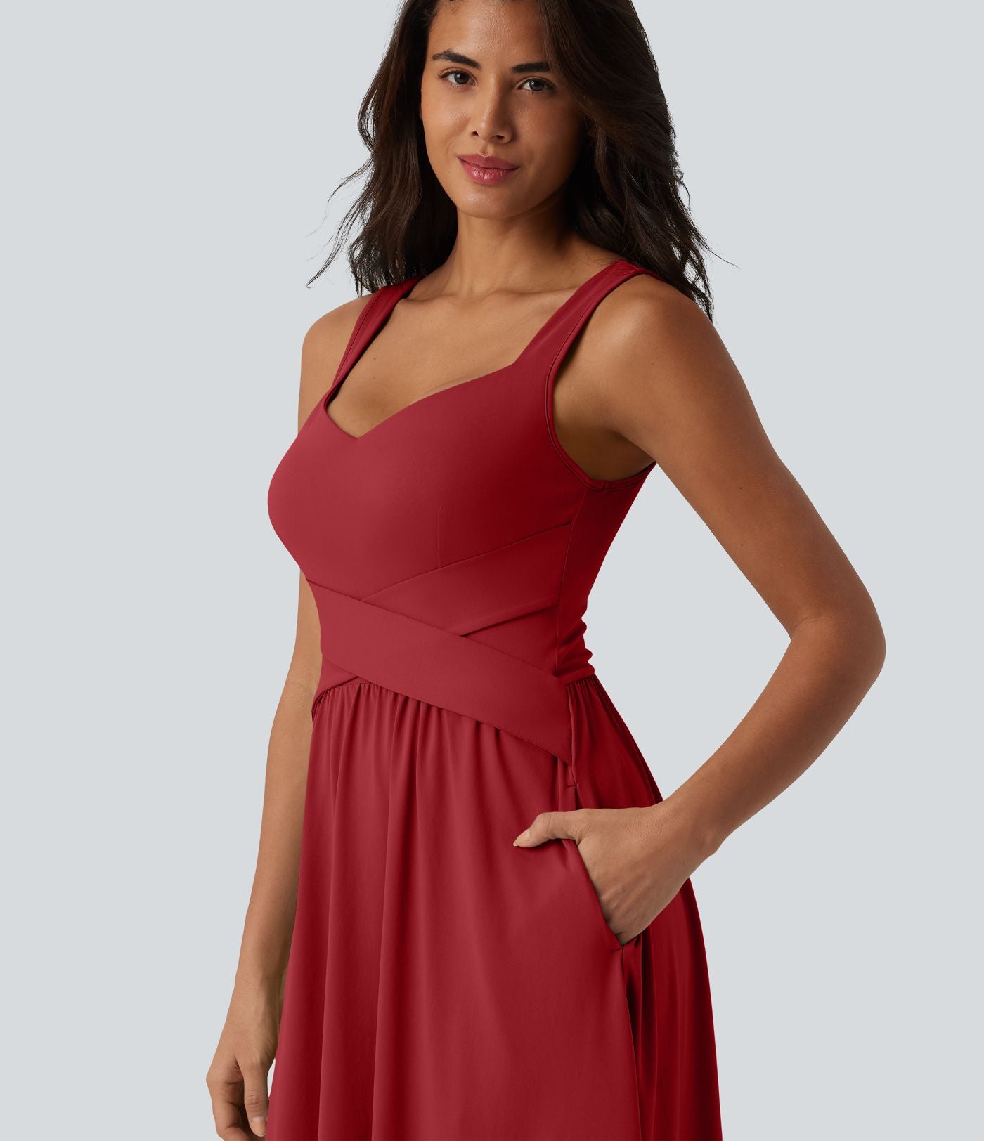 Robe midi fluide sans manches dos croisé, avec brassière intégrée (Bonnets E-G) et poches