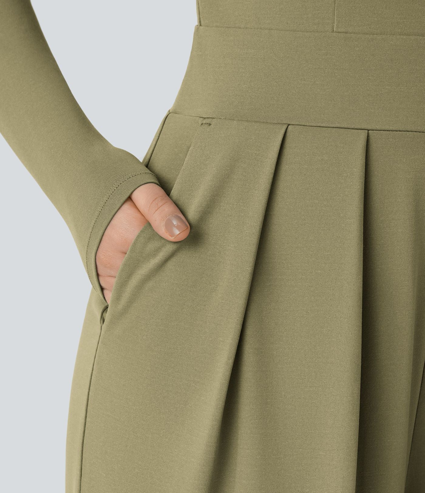 Combinaison Casual à Manches Longues Décolleté en V et Dos Nu Avec Poches Latérales Plissées et Jambes Larges