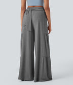 Pantalon danse large fluide taille haute smocké nœuds devant et dos