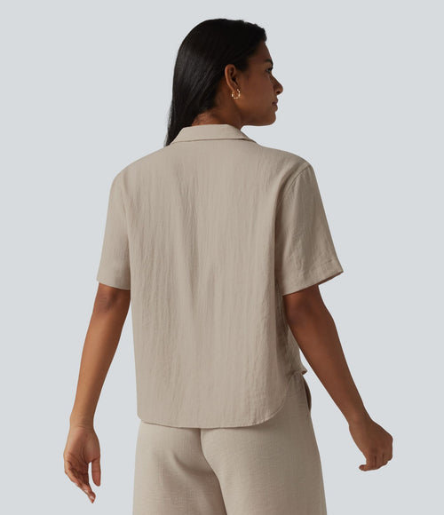 Chemise décontractée col cranté manches courtes en mélange lyocell et lin