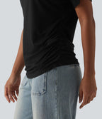 T-shirt décontracté uni à manches courtes, col V et fronces