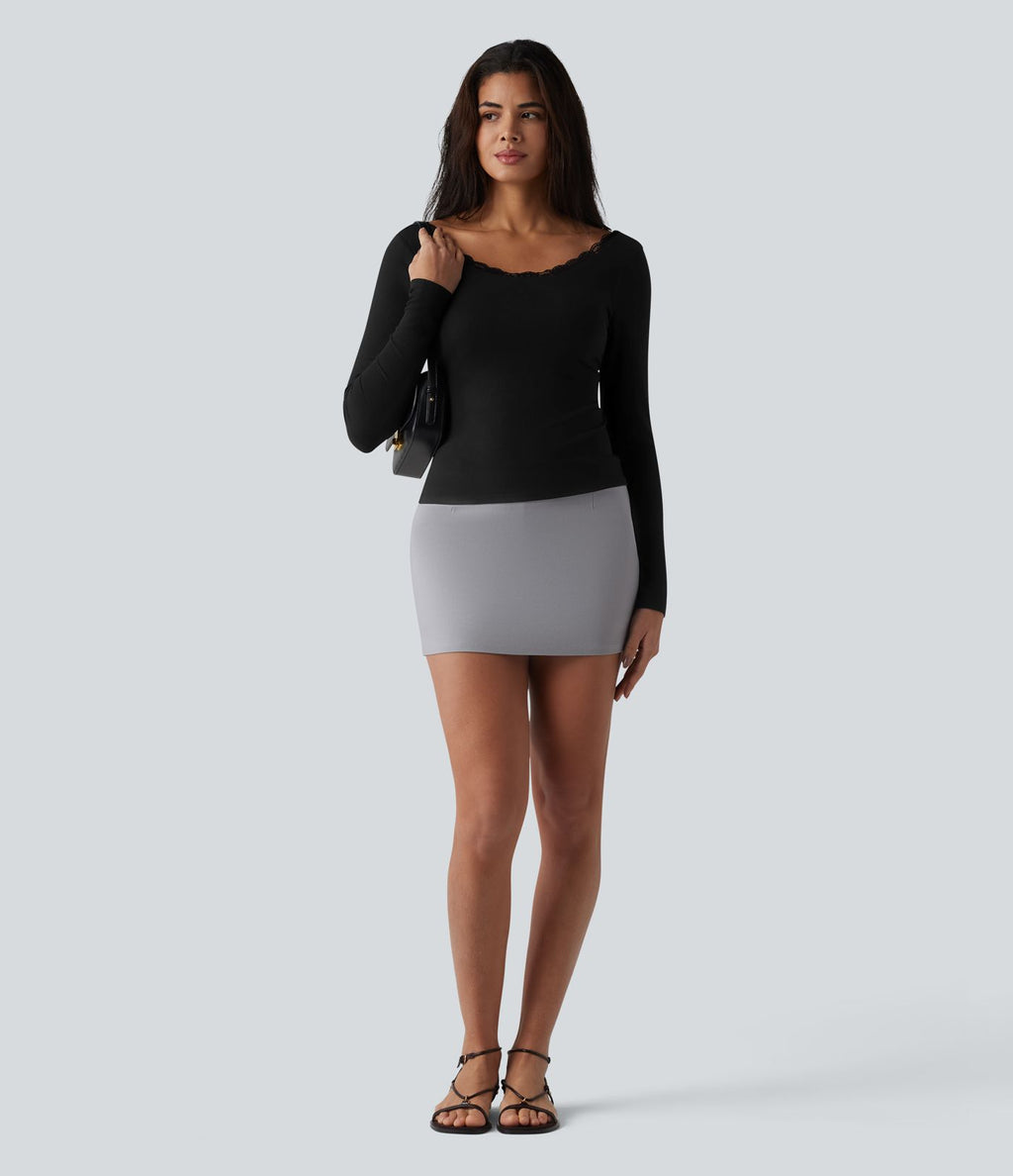 Haut casual en maille côtelée à manches longues, col rond échancré, dos en U, dentelle contrastée et soutien-gorge intégré