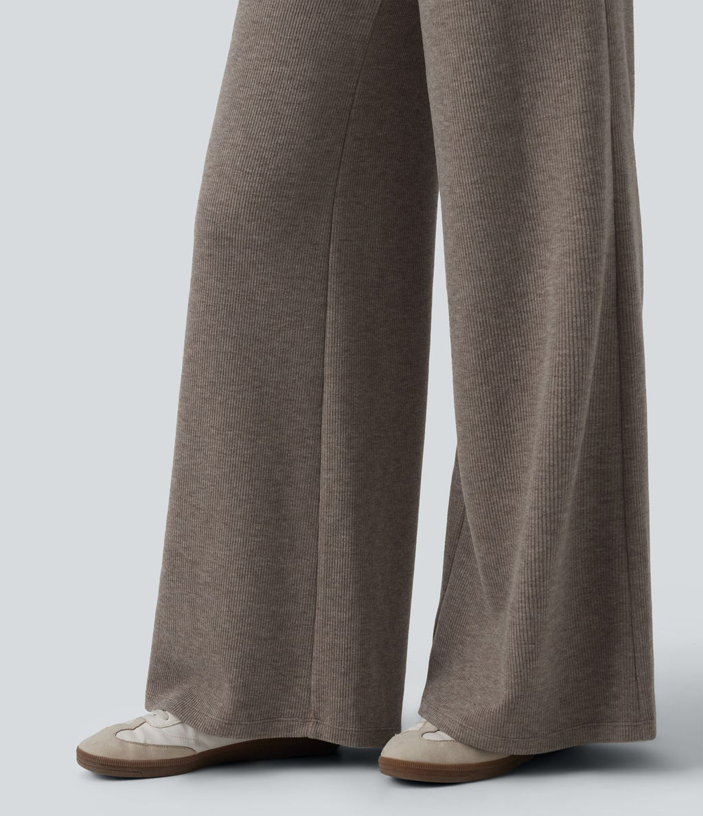 Pantalon casual bootcut gainant taille haute à cordon de serrage en maille côtelée avec poches