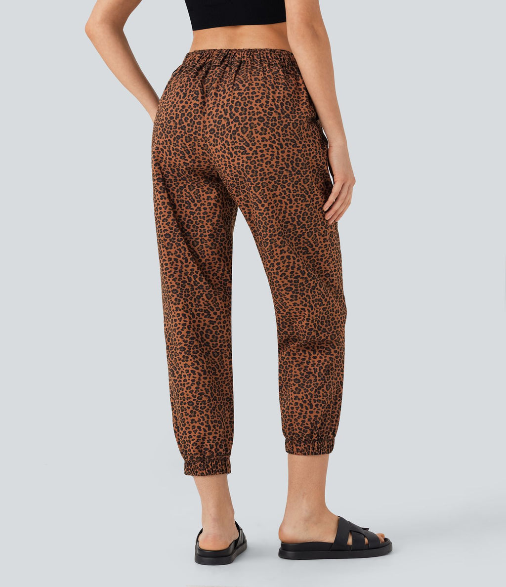 Jogging décontracté en coton imprimé léopard taille moyenne avec poches