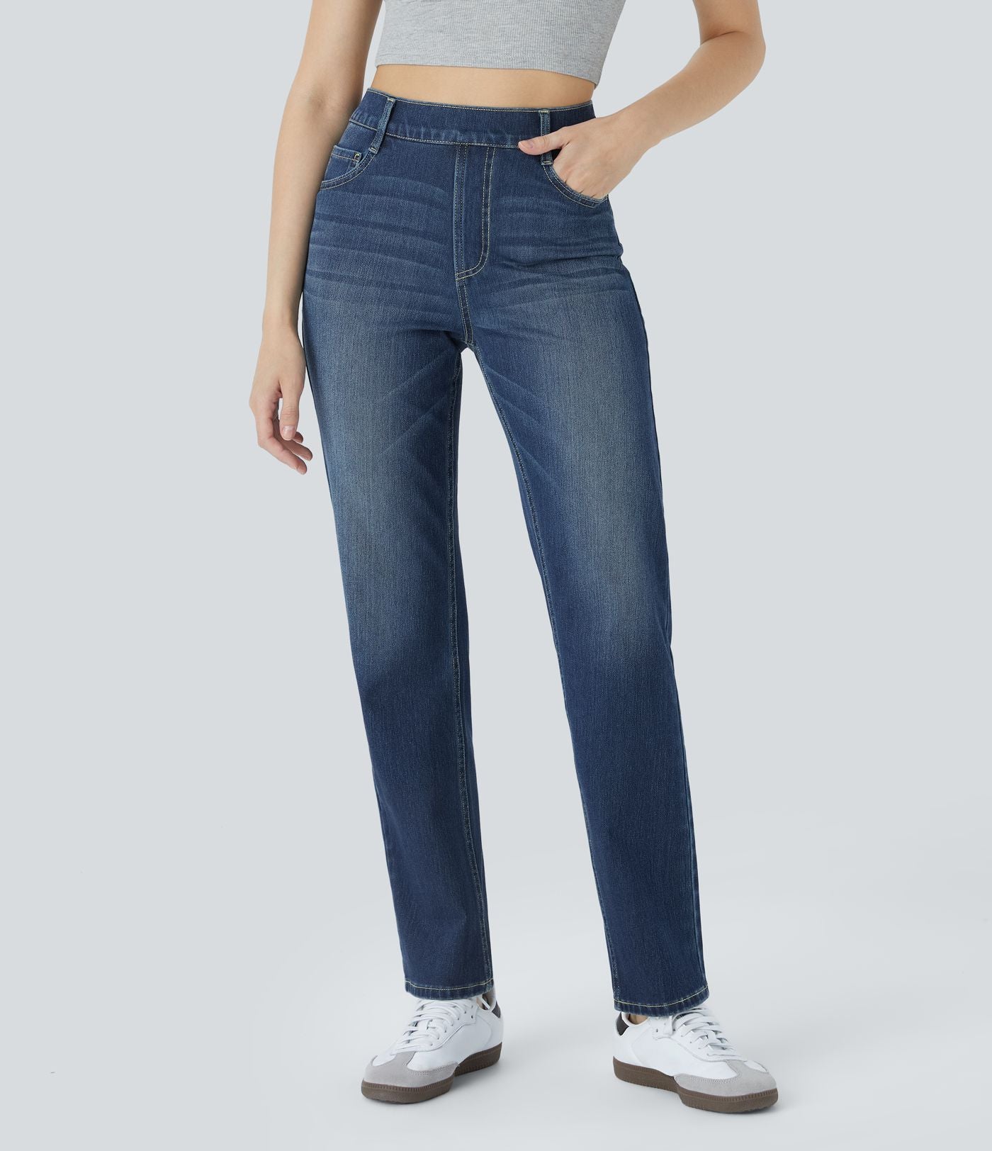 Jean droit Halara Flex™ à taille haute, poches multiples, effet délavé et tissu extensible