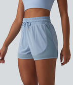 Short de sport 2 en 1 taille haute, cordon de serrage et œillets, en maille respirante