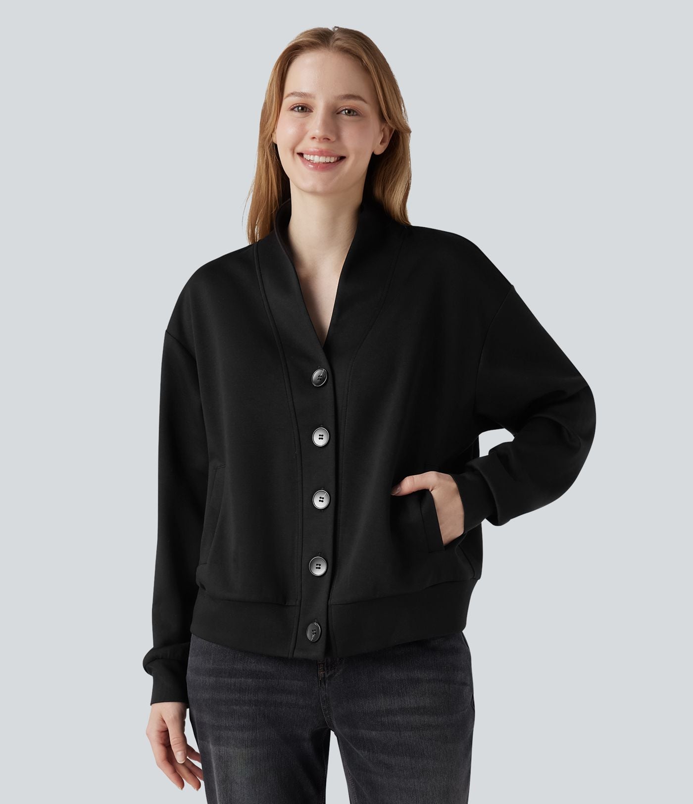 Sweat-shirt col V à manches longues avec boutonnage et poches