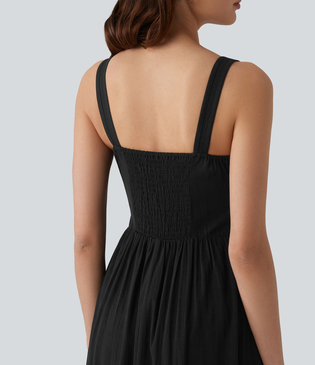 Robe mi-longue casual aspect lin col U avec nœud devant corset