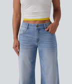 Halara Flex™ Jean Large Casual Taille Basse avec Boutons Zip Multiples Poches Lavés Élastiques et Tricotés