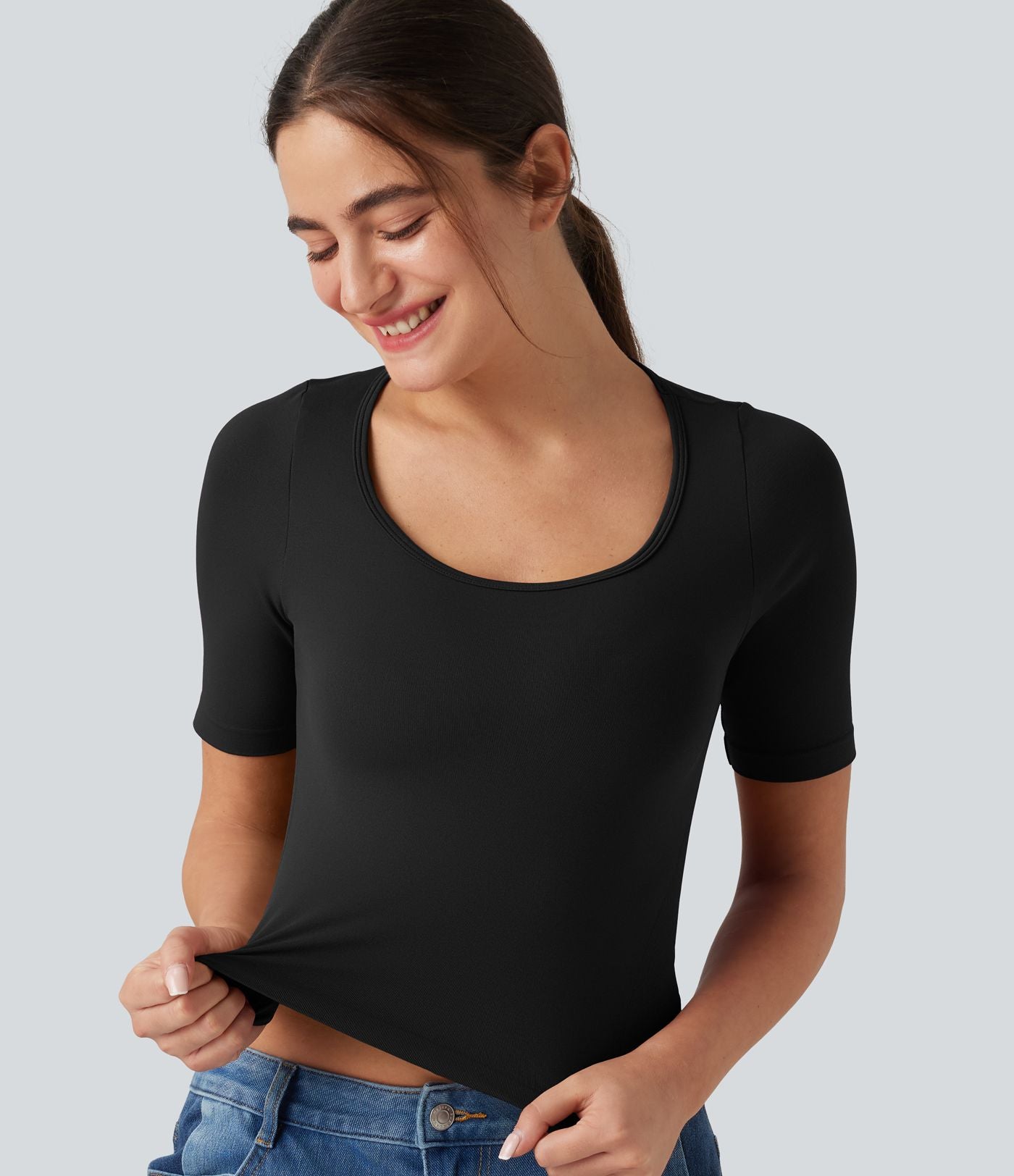 Haut de sport yoga OneForm sans couture Flow col rond échancré manches courtes
