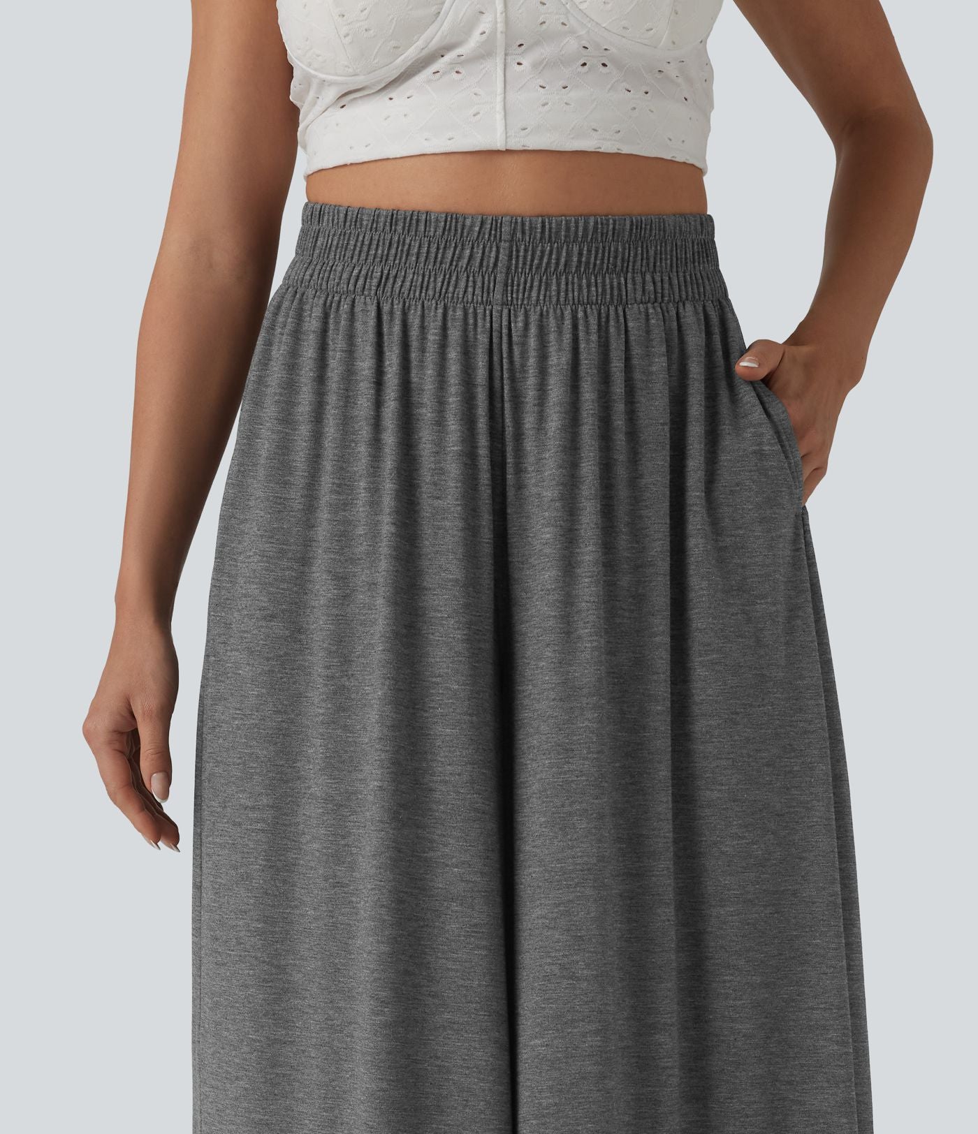 Pantalon large fluide chiné resort taille haute avec poches