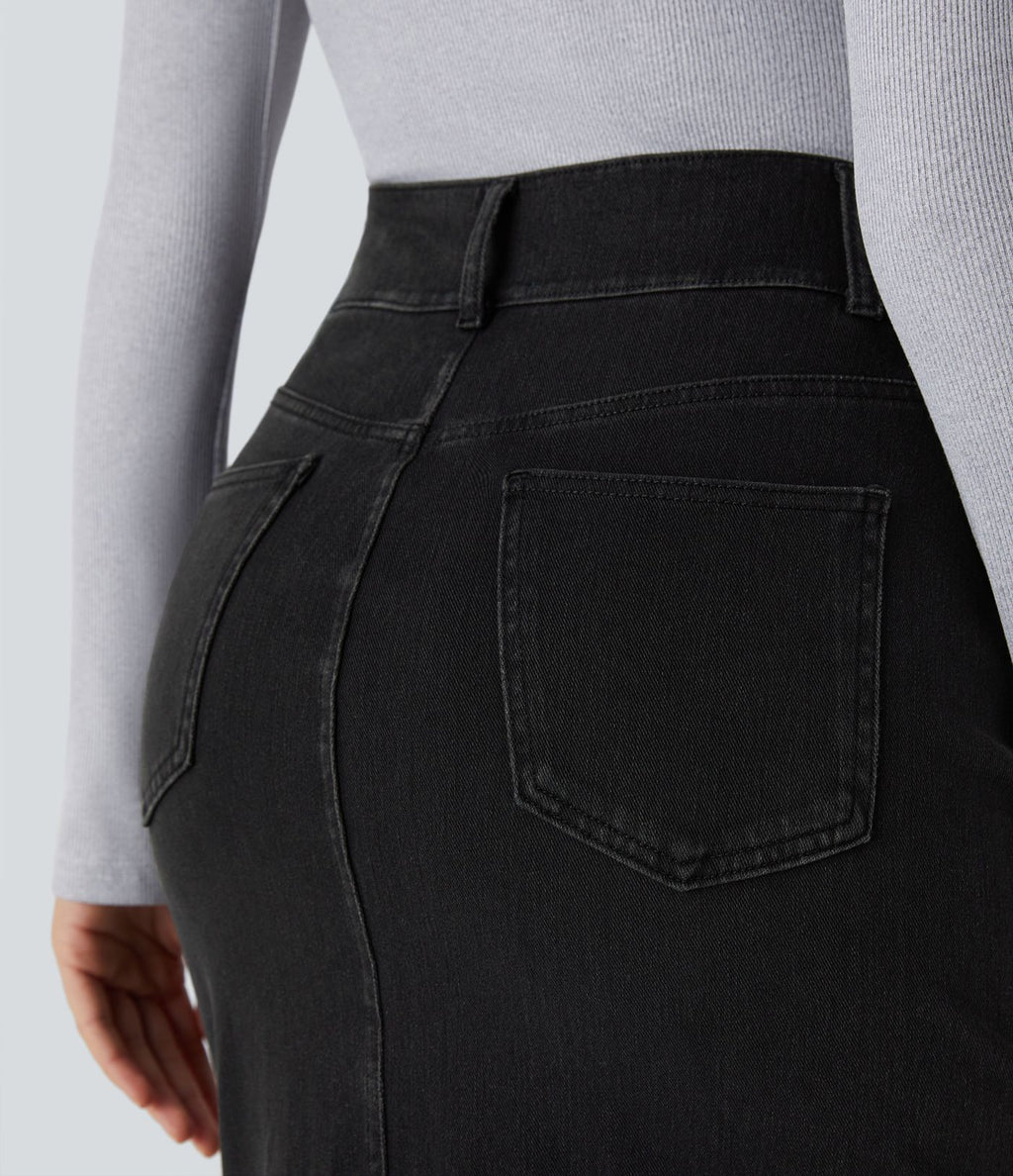 Halara Flex™ Jupe en Jean Midi Casual Tricot Extensible Taille Haute Poches Multiples