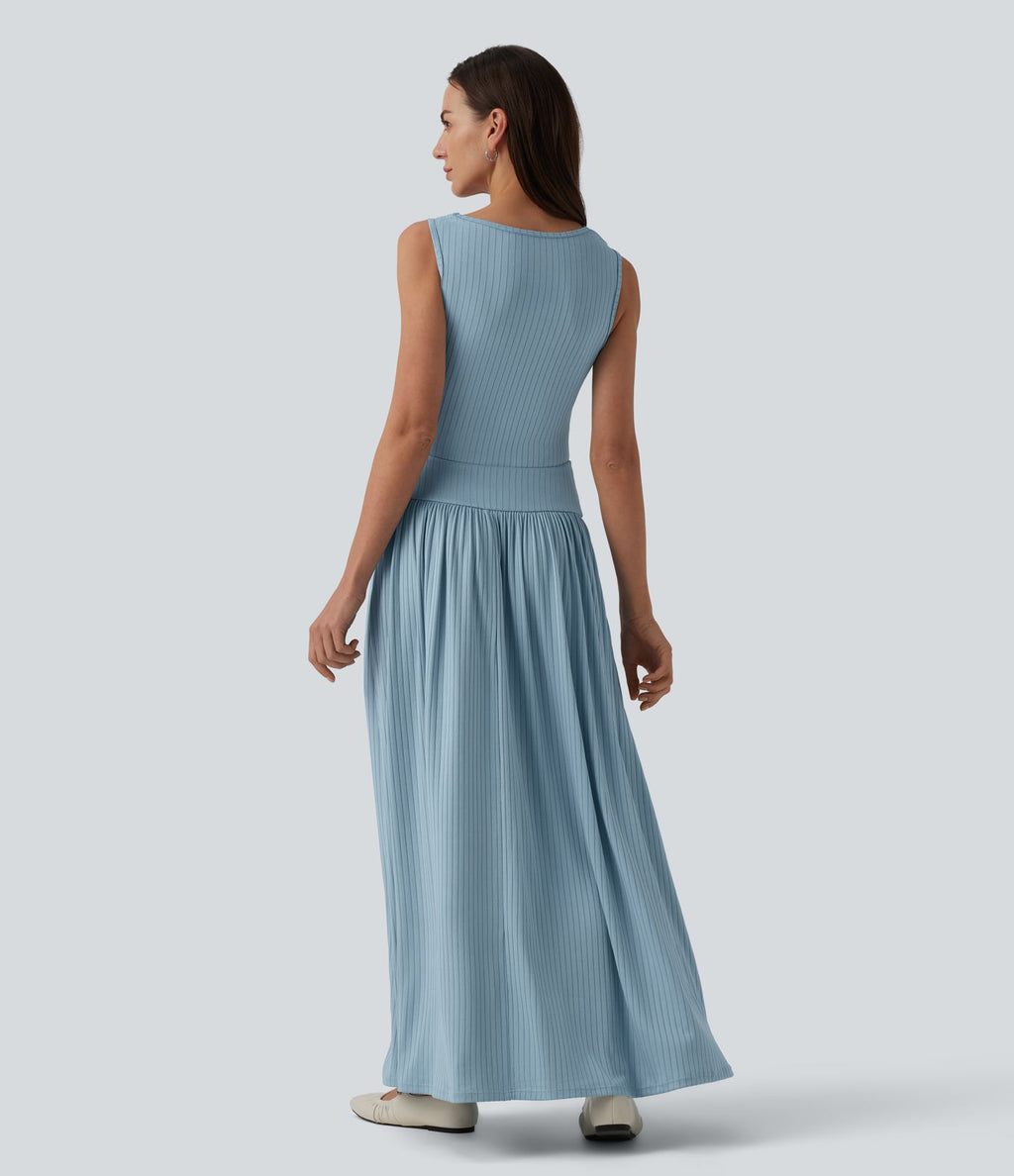Robe longue fluide casual col bateau à bretelles asymétriques et fronces en maille côtelée avec poches