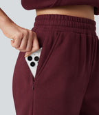 Jogging molleton taille haute repliable avec cordon de serrage et poches
