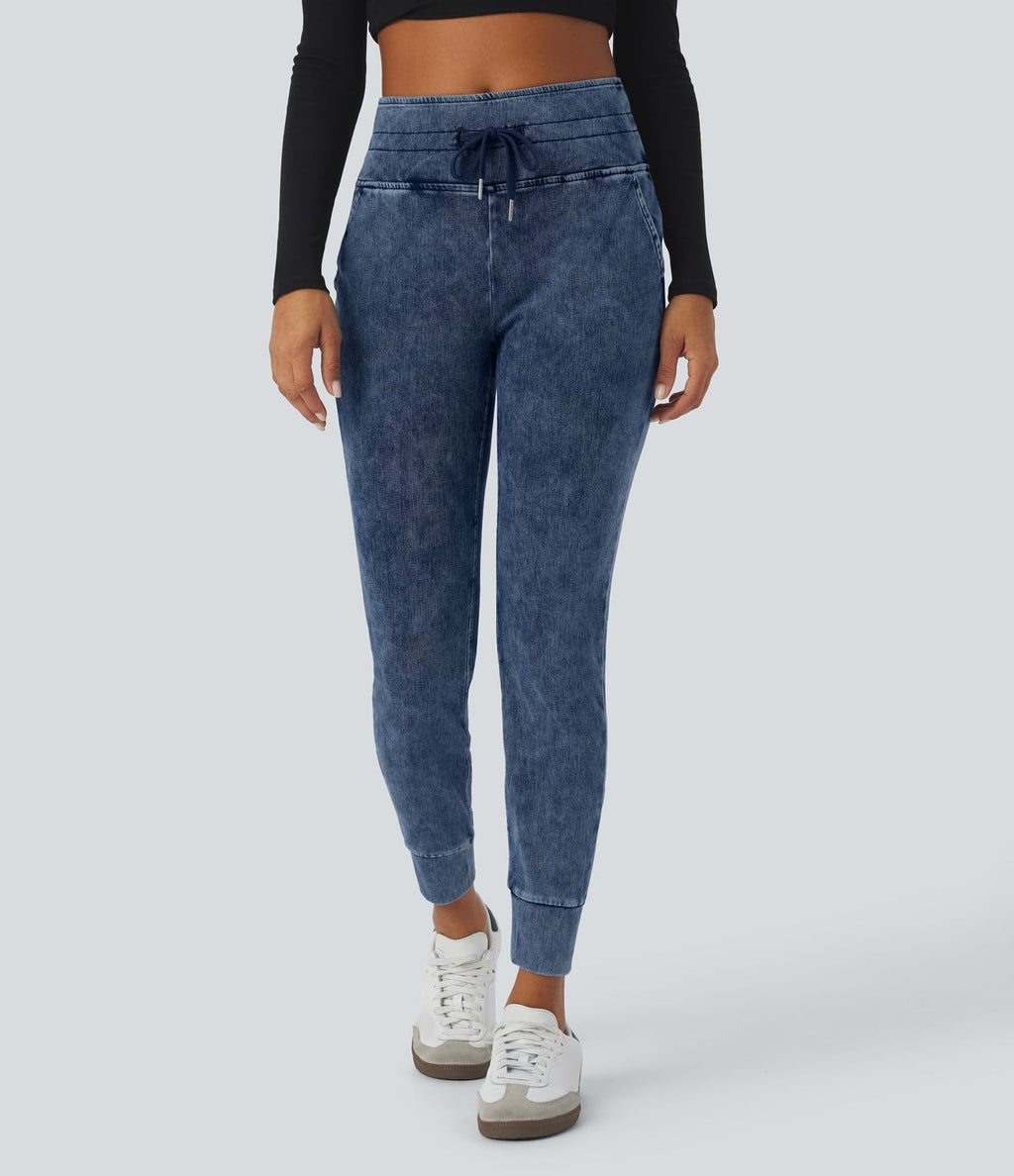Halara Flex™ Jean Casual Taille Haute avec Cordon de Serrage et Poches Latérales en Tricot Extensible Lavé