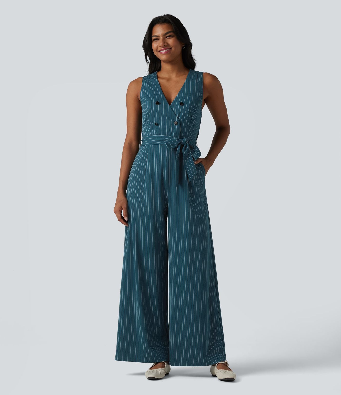 Combinaison tailleur sans manches à col V, ceinturée, avec zip invisible, rayures et effet frais avec poches, accès facile Easy Peasy