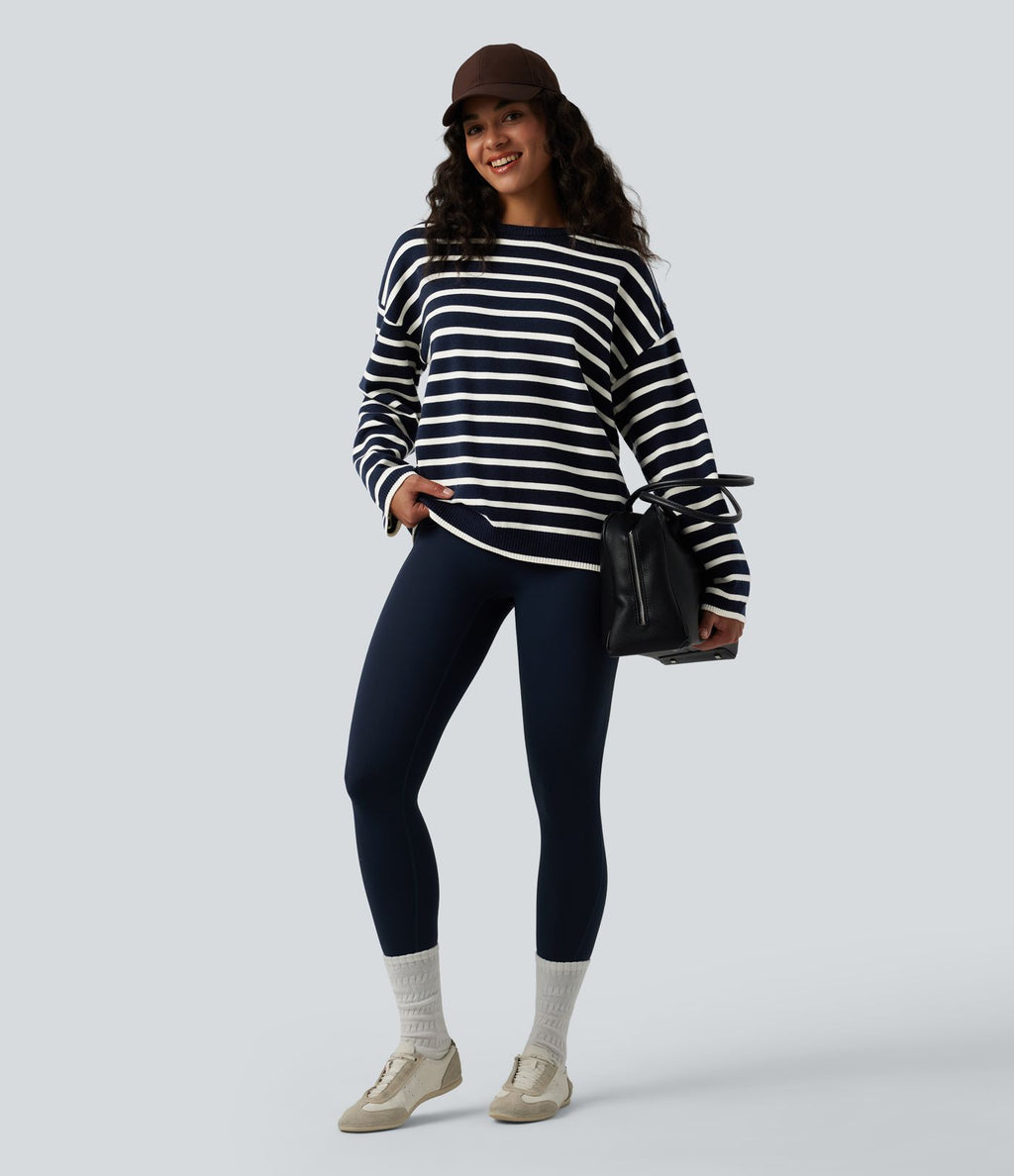 Pull casual à rayures col rond, manches longues et boutons décoratifs