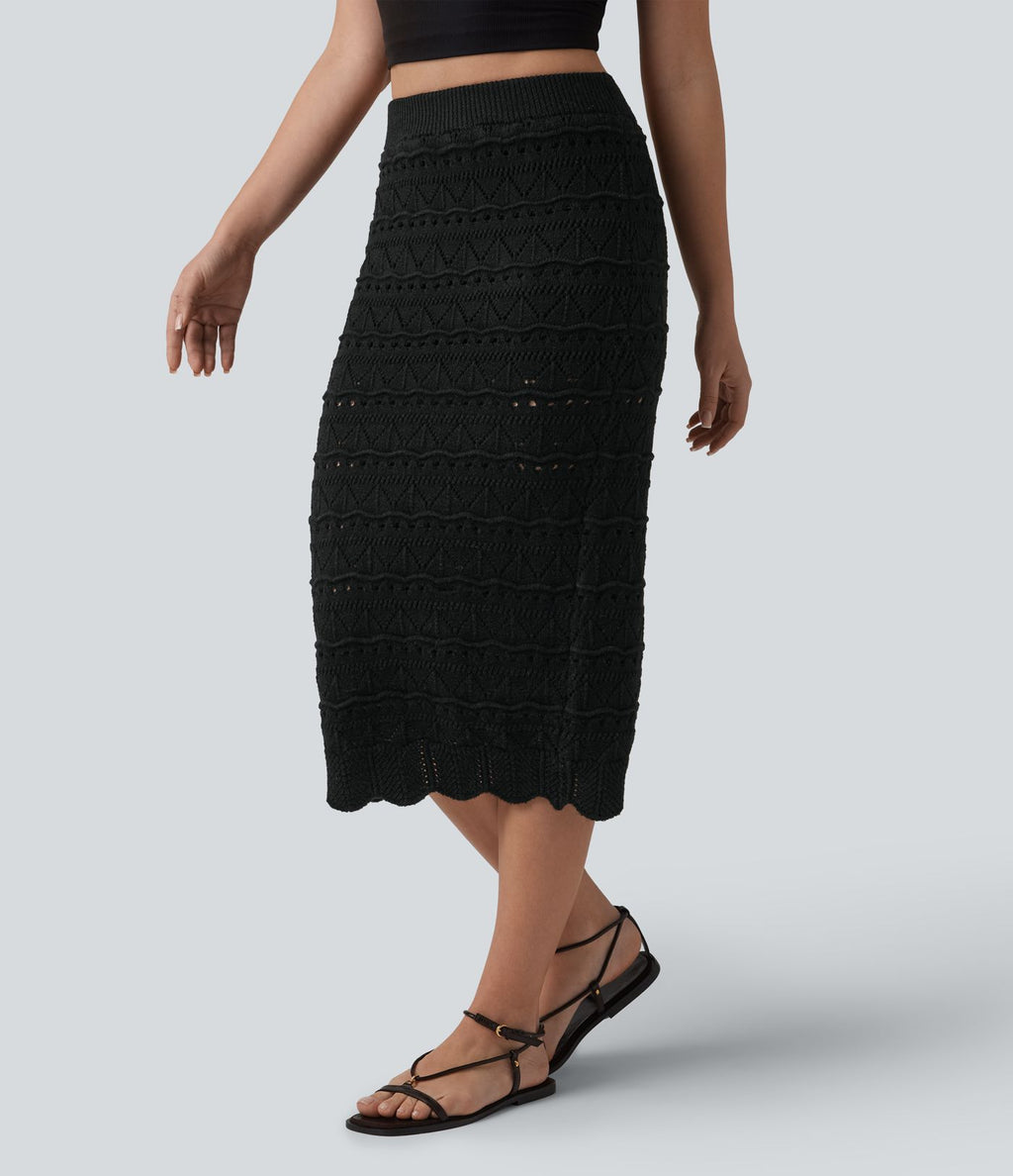 Jupe mi-longue maille ajourée 2-en-1 taille haute avec poches