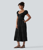 Robe midi décontractée à volants, col Queen Anne, manches bouffantes froncées et poches