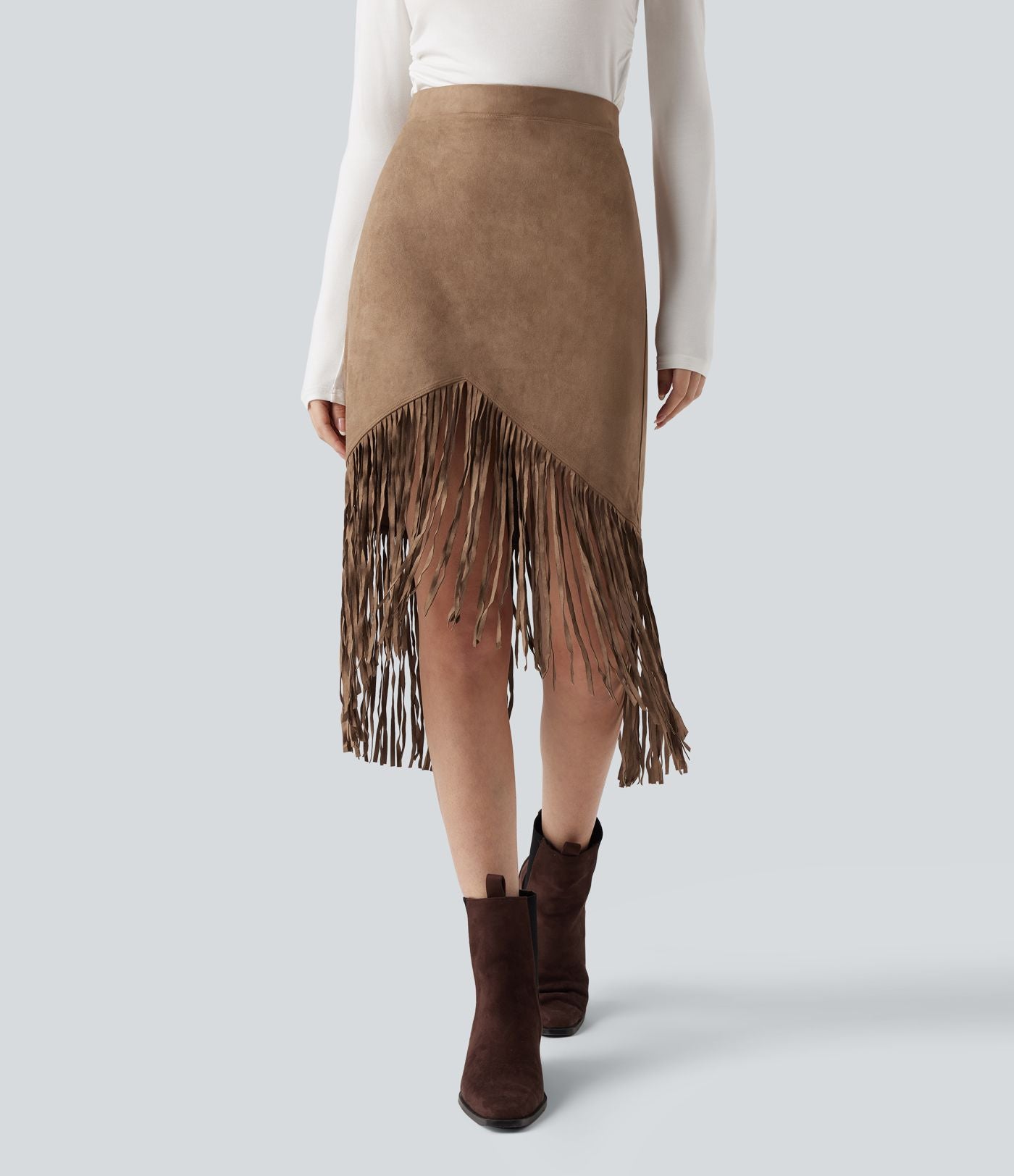Jupe midi de soirée effet daim taille haute à franges