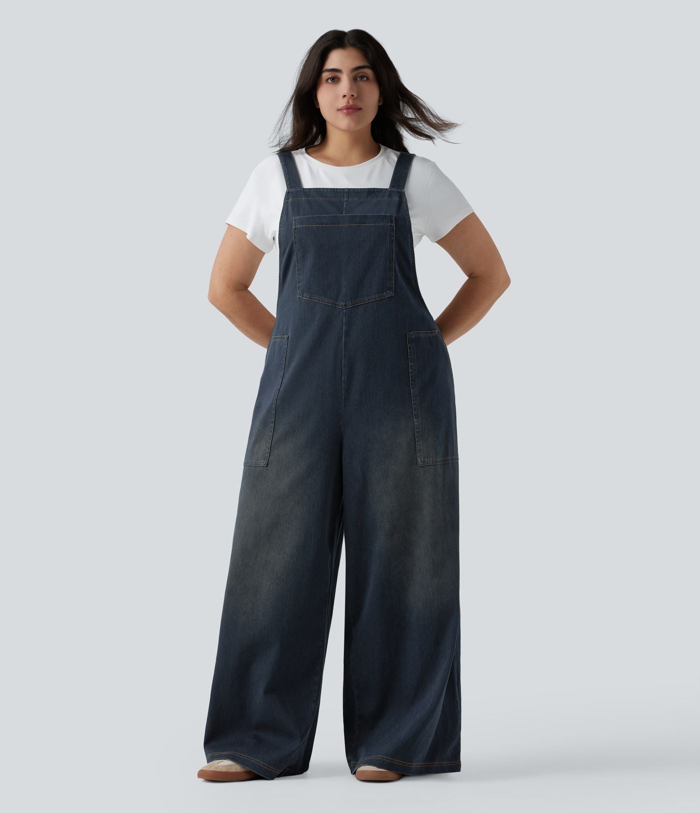 Grande taille Halara Flex™ Salopette casual en jean délavé col carré avec poches