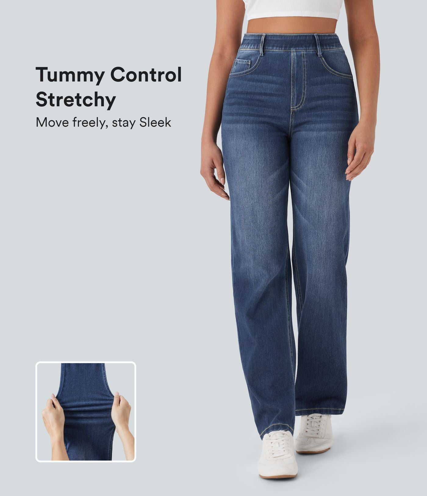 Halara Flex™ Jean casual délavé jambe droite taille haute gainant avec poches