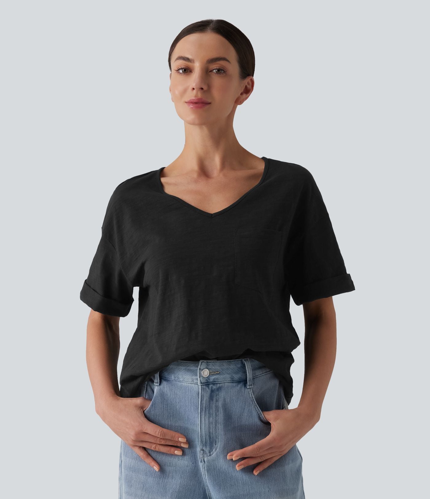 T-shirt casual ample col cœur manches courtes retroussées en coton slub avec poche