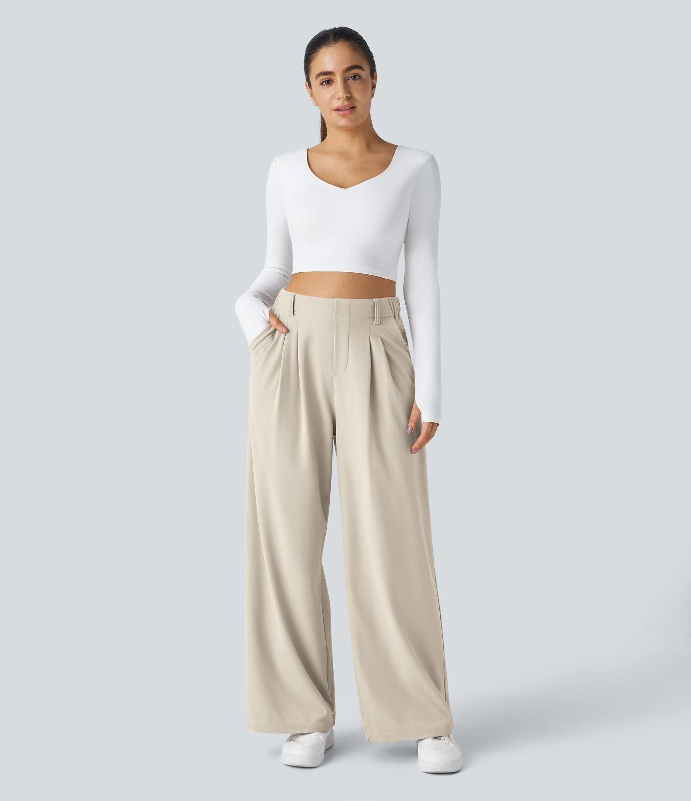 Pantalon Tailleur Large Fluide Halara Flex™ Gaufré Taille Haute Poches Latérales