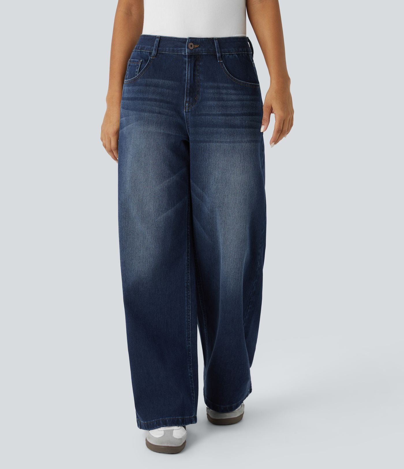 Halara Flex™ Jean Large Casual Taille Basse avec Boutons Zip Multiples Poches Lavés Élastiques et Tricotés