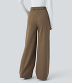 Pantalon Tailleur Large Fluide à Rayures, Taille Haute, Bouton et Fermeture Éclair, Poches Latérales