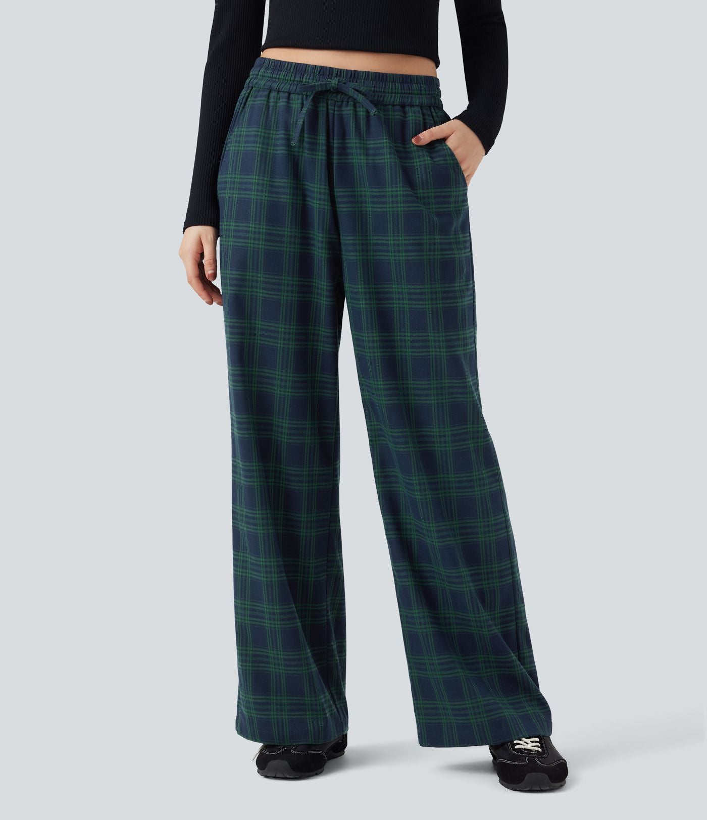 Pantalon baggy taille haute imprimé carreaux avec poches