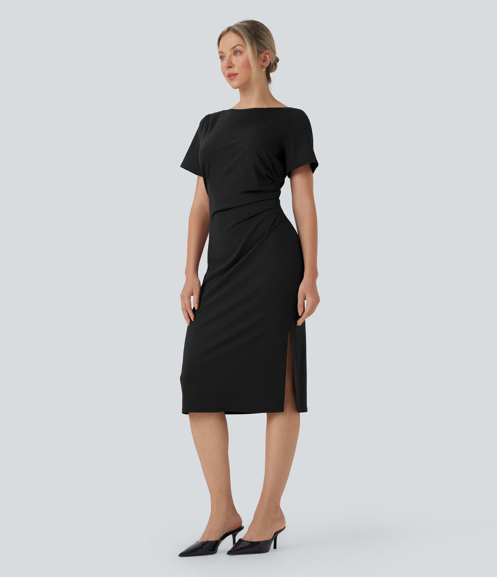 Robe tailleur mi-longue moulante manches courtes froncée