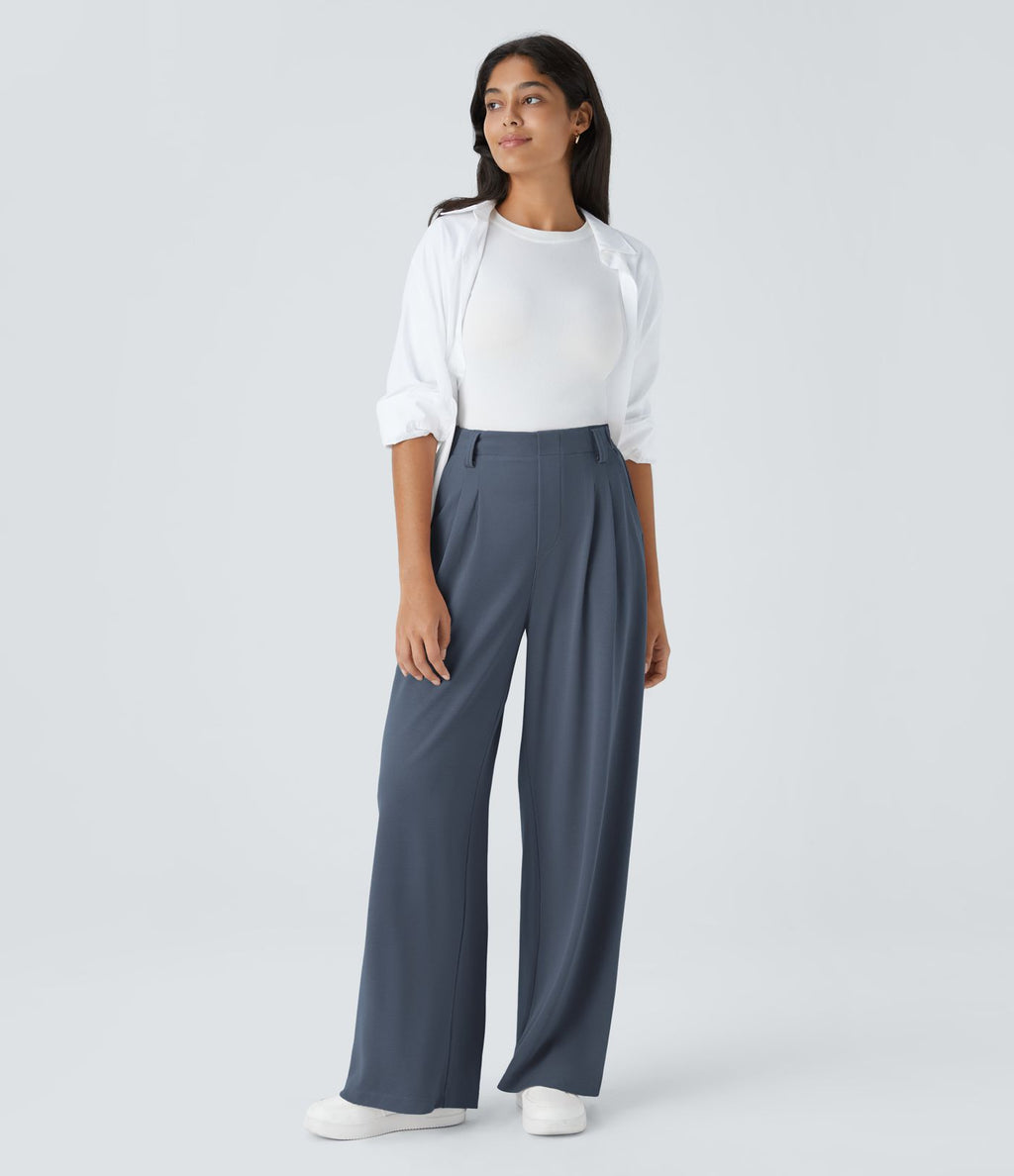 Halara Flex™ Pantalon Tailleur en tissu gaufré à taille haute, jambes larges, plis et poches latérales