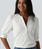 Blouse décontractée col Henley manches bouffantes mi-longues
