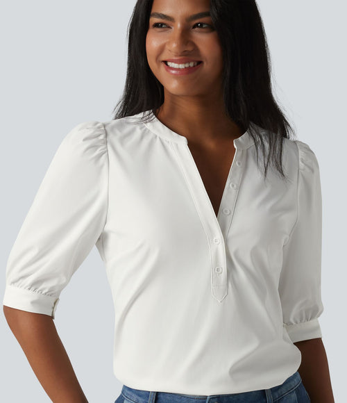 Blouse décontractée col Henley manches bouffantes mi-longues