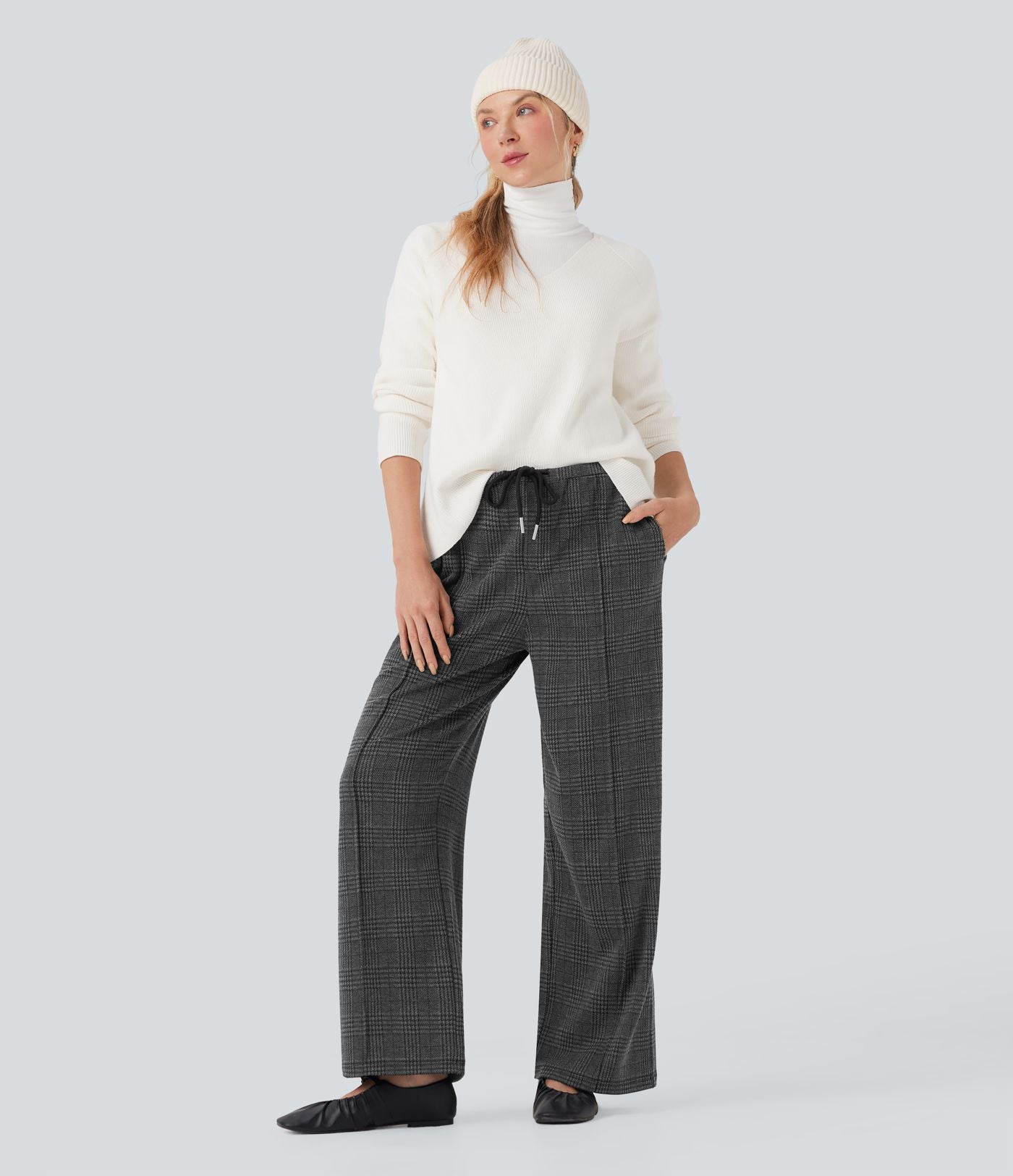 Pantalon tailleur droit Halara Flex™ taille mi-haute à carreaux avec cordon et poches