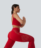 Pantalon de yoga évasé à taille haute croisée, poche arrière et dentelle