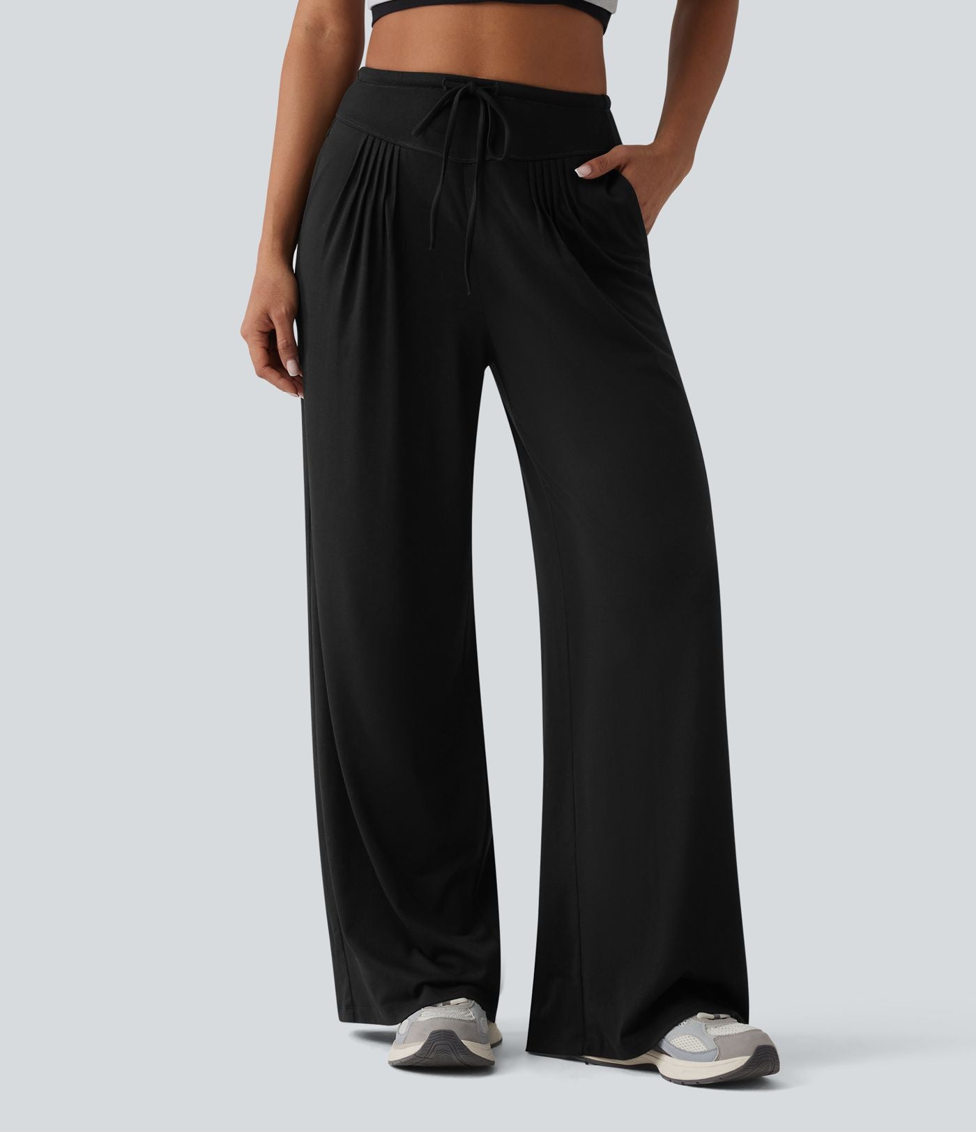 Pantalon casual ample chiné à plis taille haute avec cordon de serrage et poches