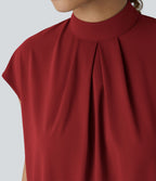 Blouse de Travail à Col Montant Plissée avec Boutons dans le Dos et Manches Courtes