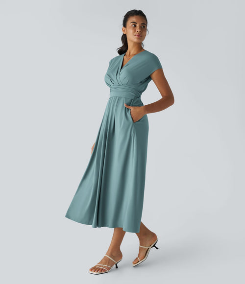 Breezeful™ Robe Mi-Longue Col en V Manches Courtes Poche Latérale Nouée au Dos Séchage Rapide