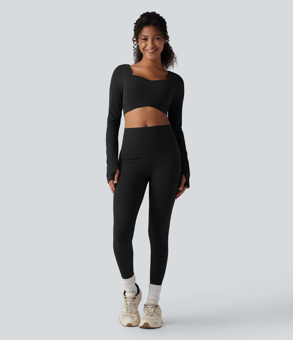 Halara UltraSculpt™ Top court de sport push-up à manches longues avec passants pouces et ourlet croisé