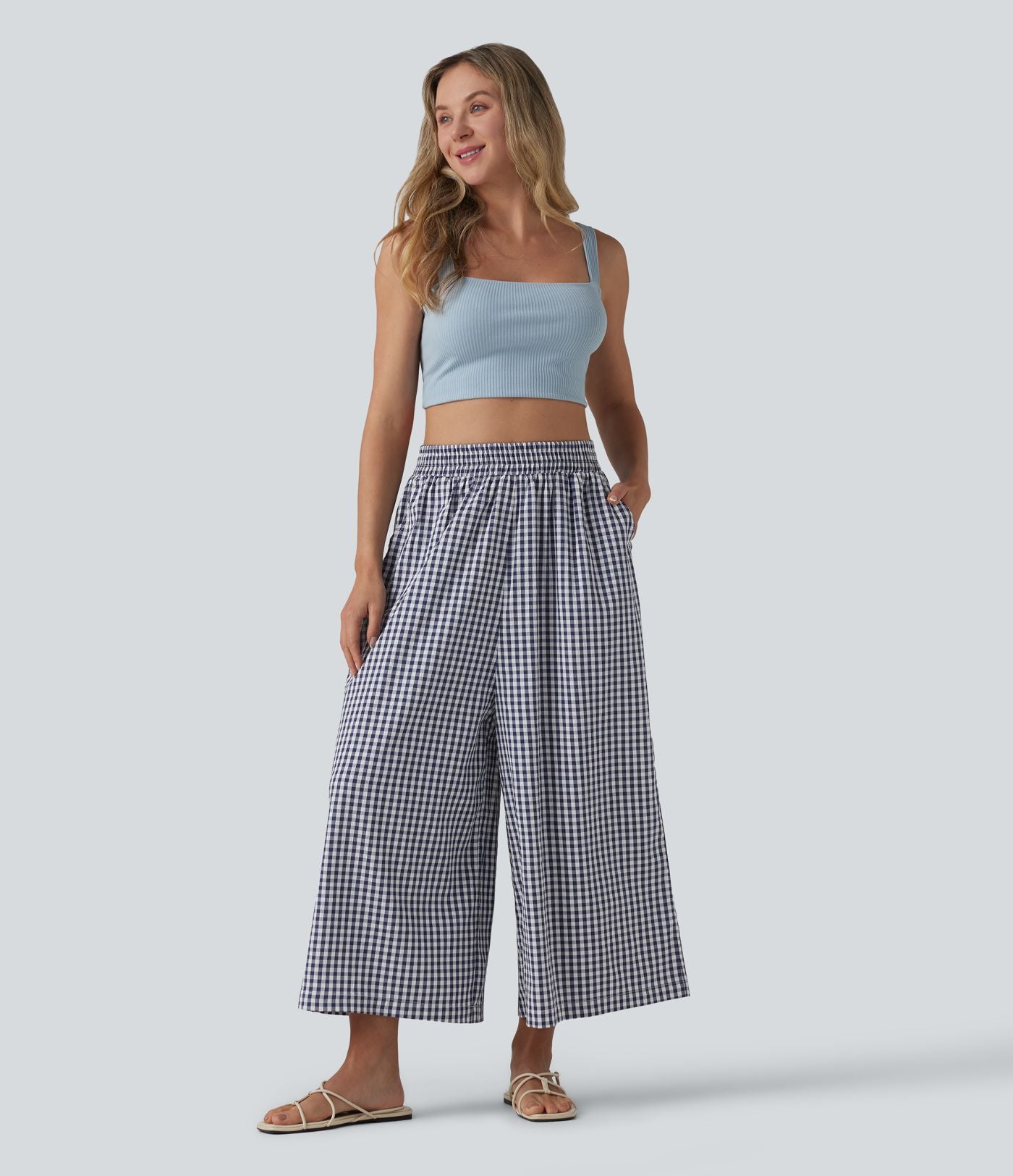 Pantalon casual baggy à carreaux taille haute avec poches