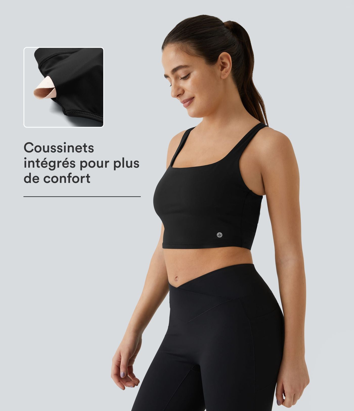 Débardeur yoga court SoftlyZero™ Airy col carré dos nu bretelles croisées effet frais InstantCool, bonnets A-C, protection solaire UPF50+