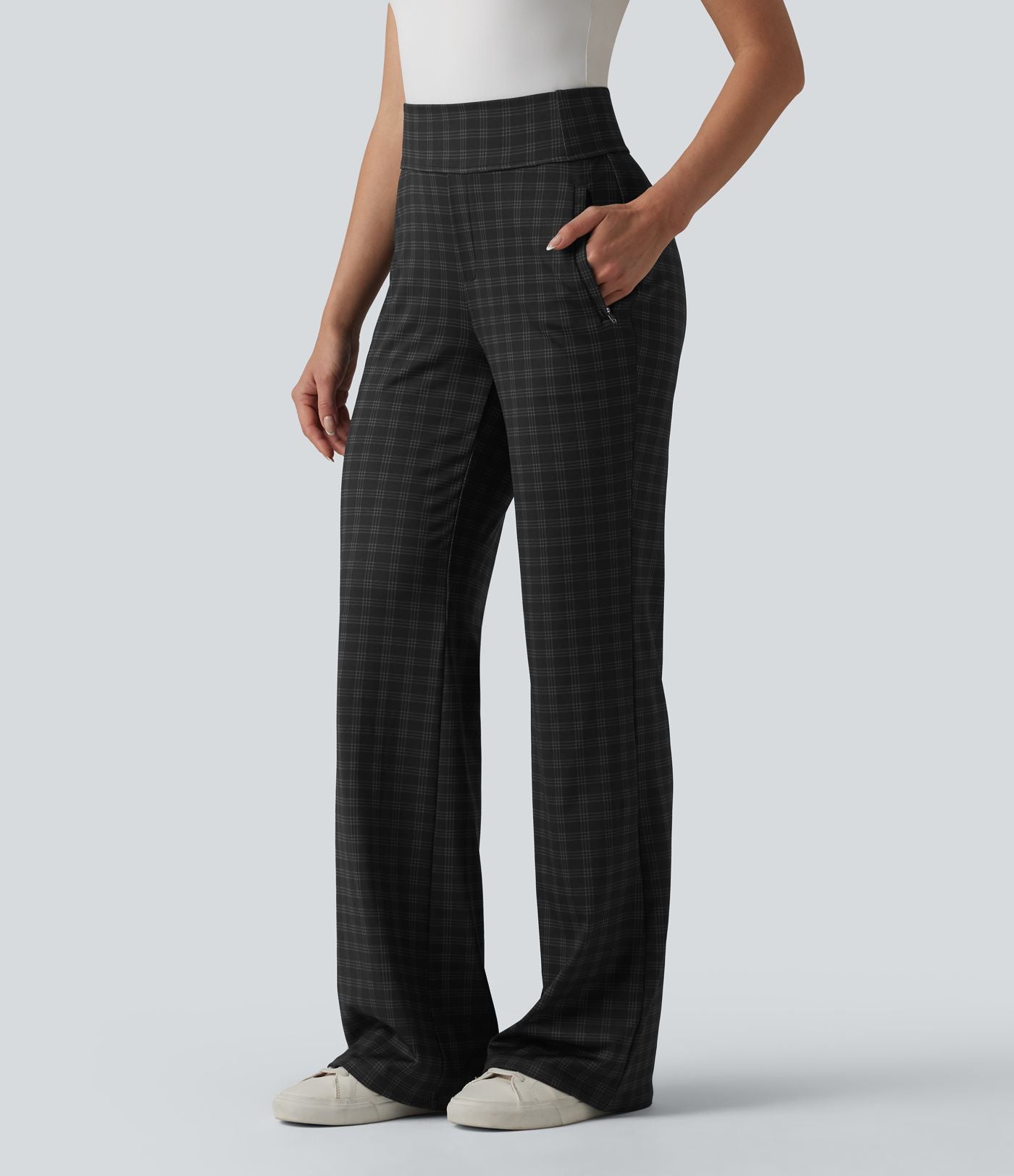 Halara Flex™ Pantalon tailleur évasé taille mi-haute à carreaux avec poches