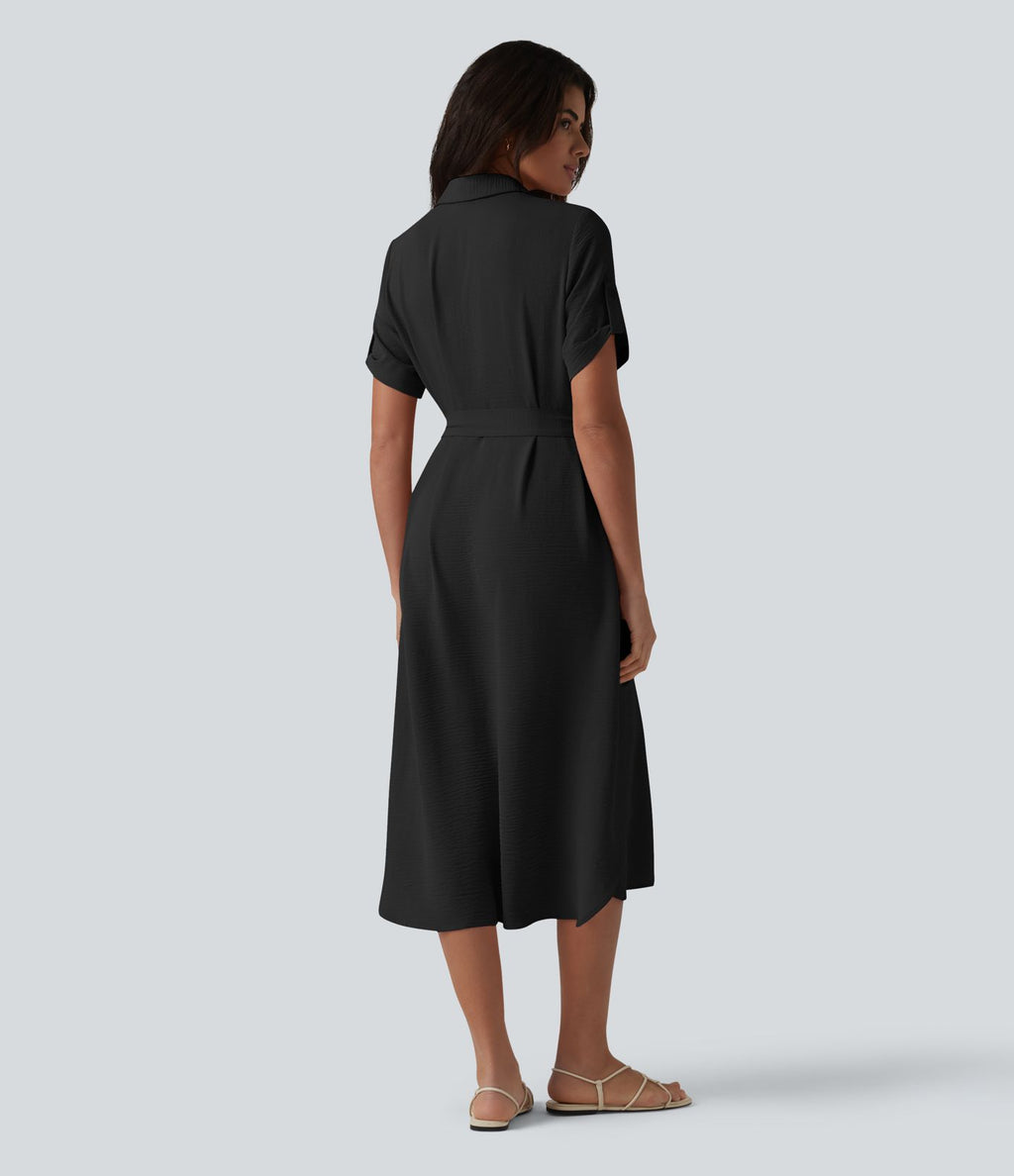 Robe-chemise midi casual à manches courtes aspect lin, ceinturée et avec poches