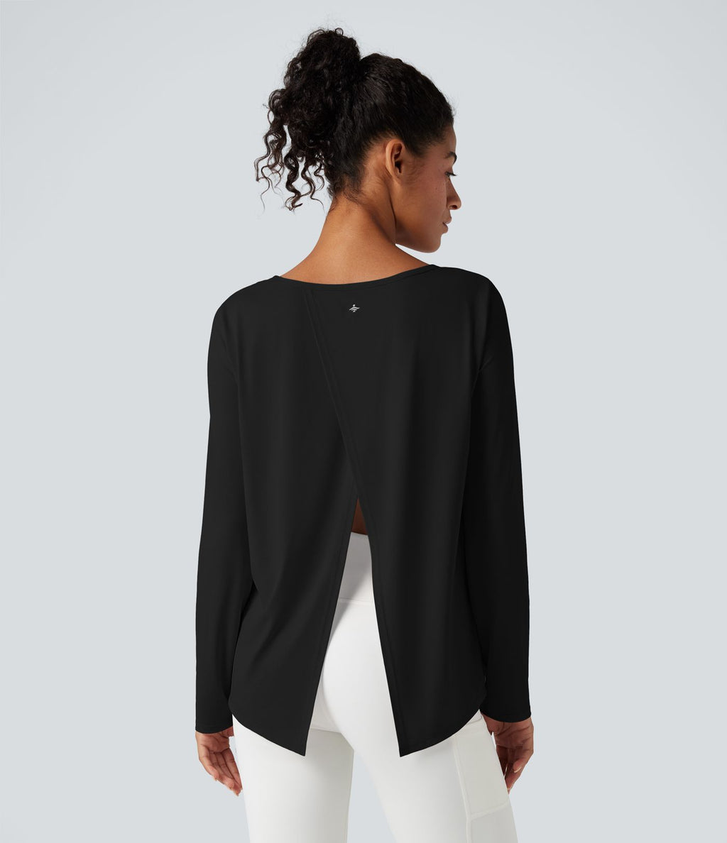 Top de sport yoga décontracté col échancré manches longues fendu