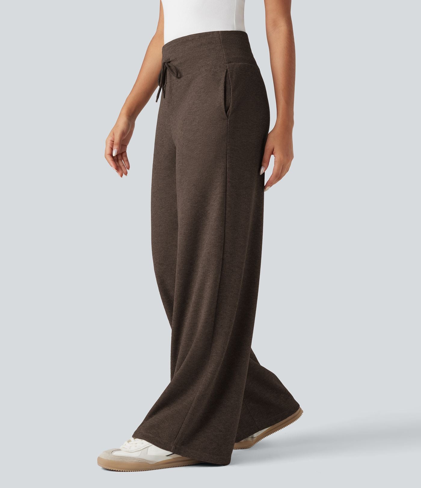 Pantalon jogging large décontracté côtelé gainant taille haute avec cordon de serrage et poches