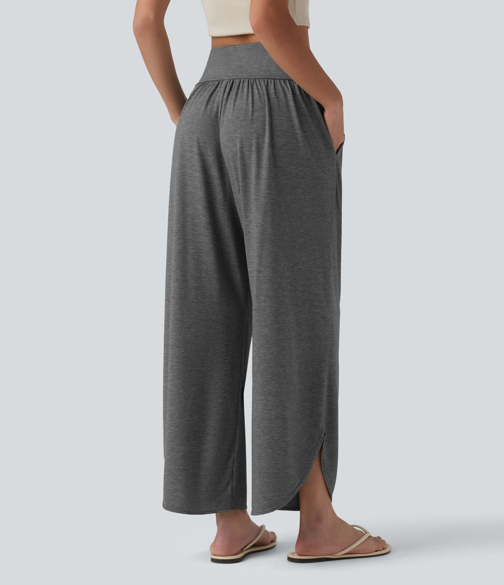 Pantalon décontracté taille haute gainant avec ourlet arrondi et poches